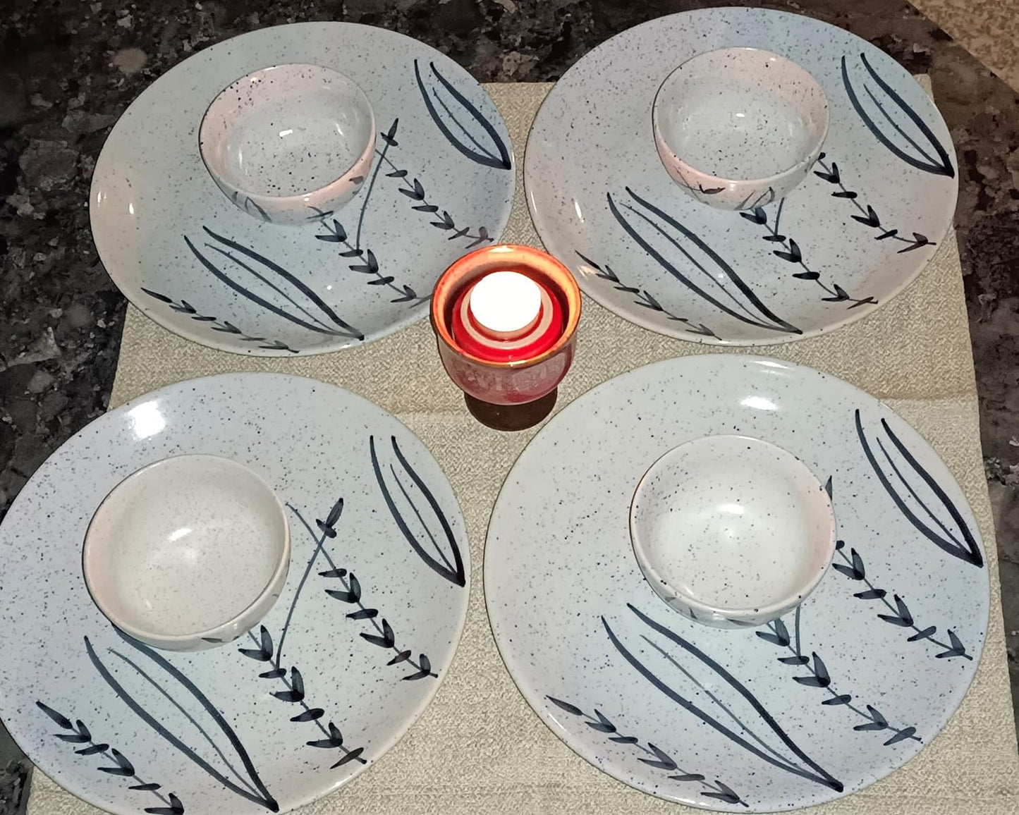 Caffeine Ceramic Stoneware Handmade White Bamboo Combo Dinner Set of 8 - Caffeine Premium Stoneware