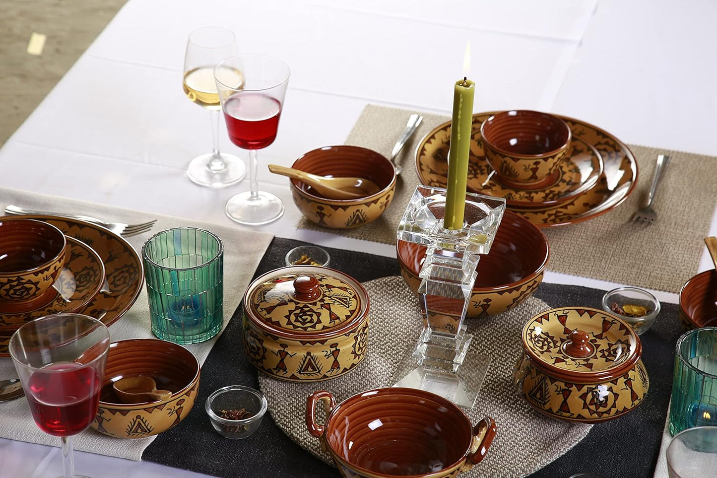 Caffeine Ceramic Handmade Mustard Romani Dinner Set (24 pcs.)