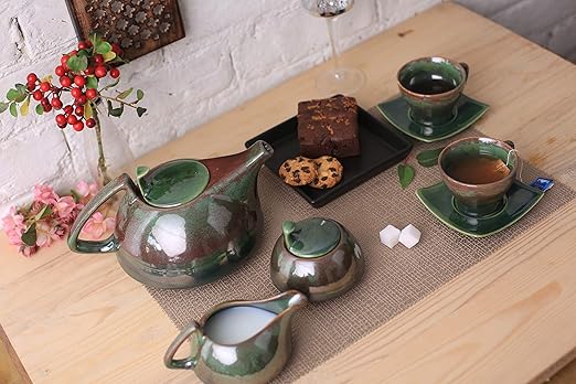 Caffeine Ceramic Handmade Green Ferrous Printed Tea Sets (Set of 15 pcs) - Caffeine Premium Stoneware