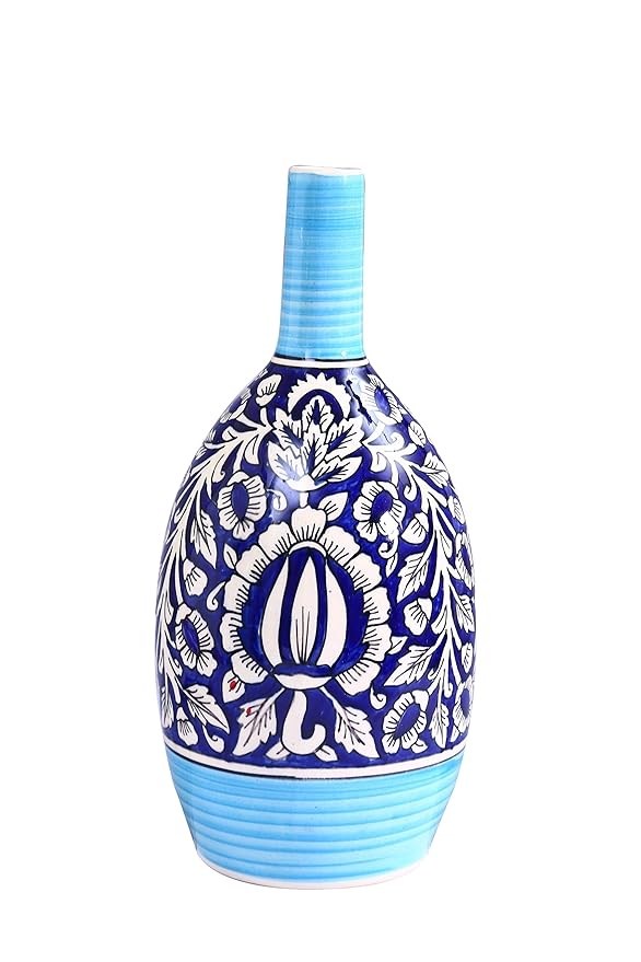 Caffeine Ceramic Handmade Blue Mughal Oval Shape Vase (1 Pc)