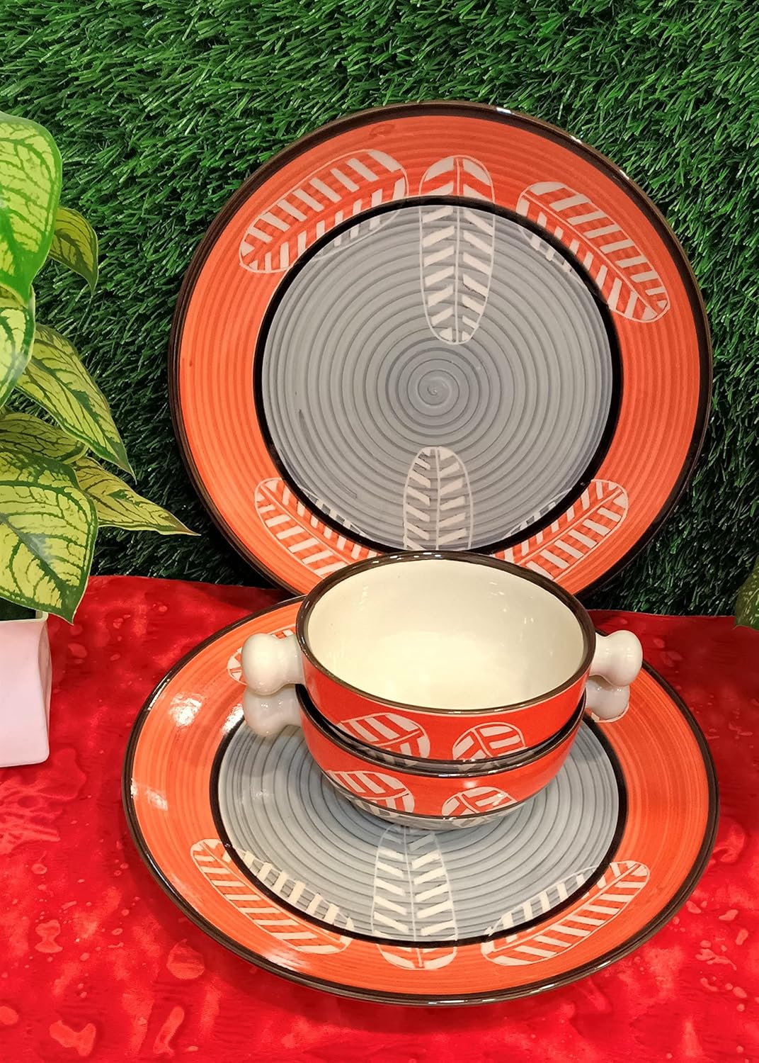 Caffeine Ceramic Handmade Orange & Grey leaf Combo Dinner Set (8 pcs.)