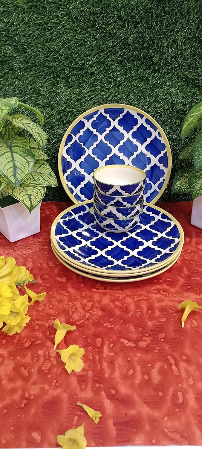 Caffeine Ceramic Handmade Blue Umrao Combo Dinner set of 8 (Microwave and Dishwasher Safe)