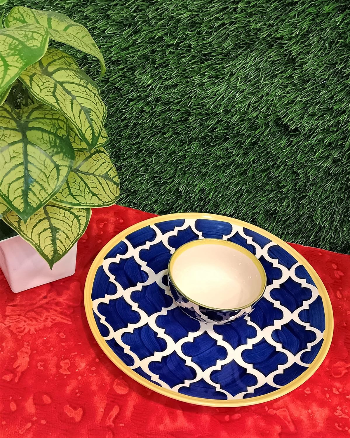 Caffeine Ceramic Handmade Blue Umrao Combo Dinner set of 8 (Microwave and Dishwasher Safe)