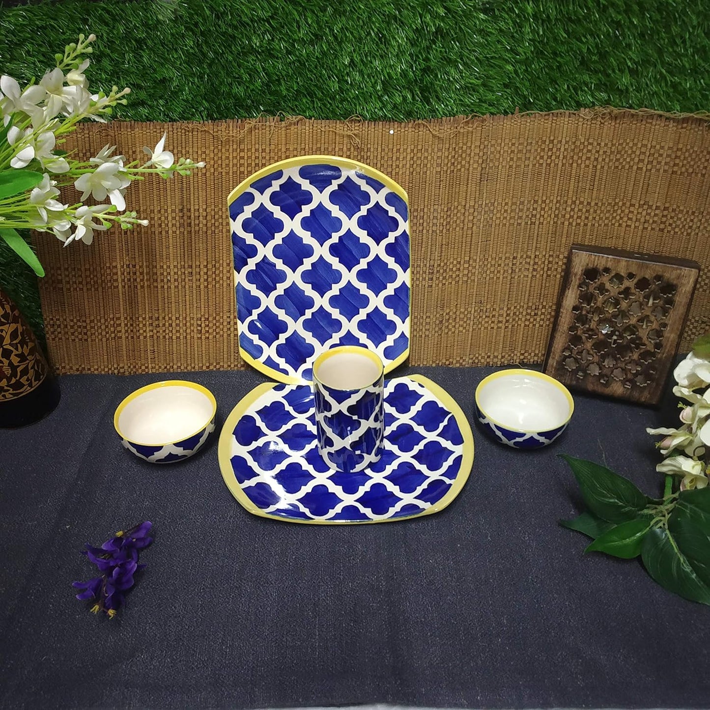 Caffeine Ceramic Handmade Blue Umrao Combo Dinner Set (5 pcs.)