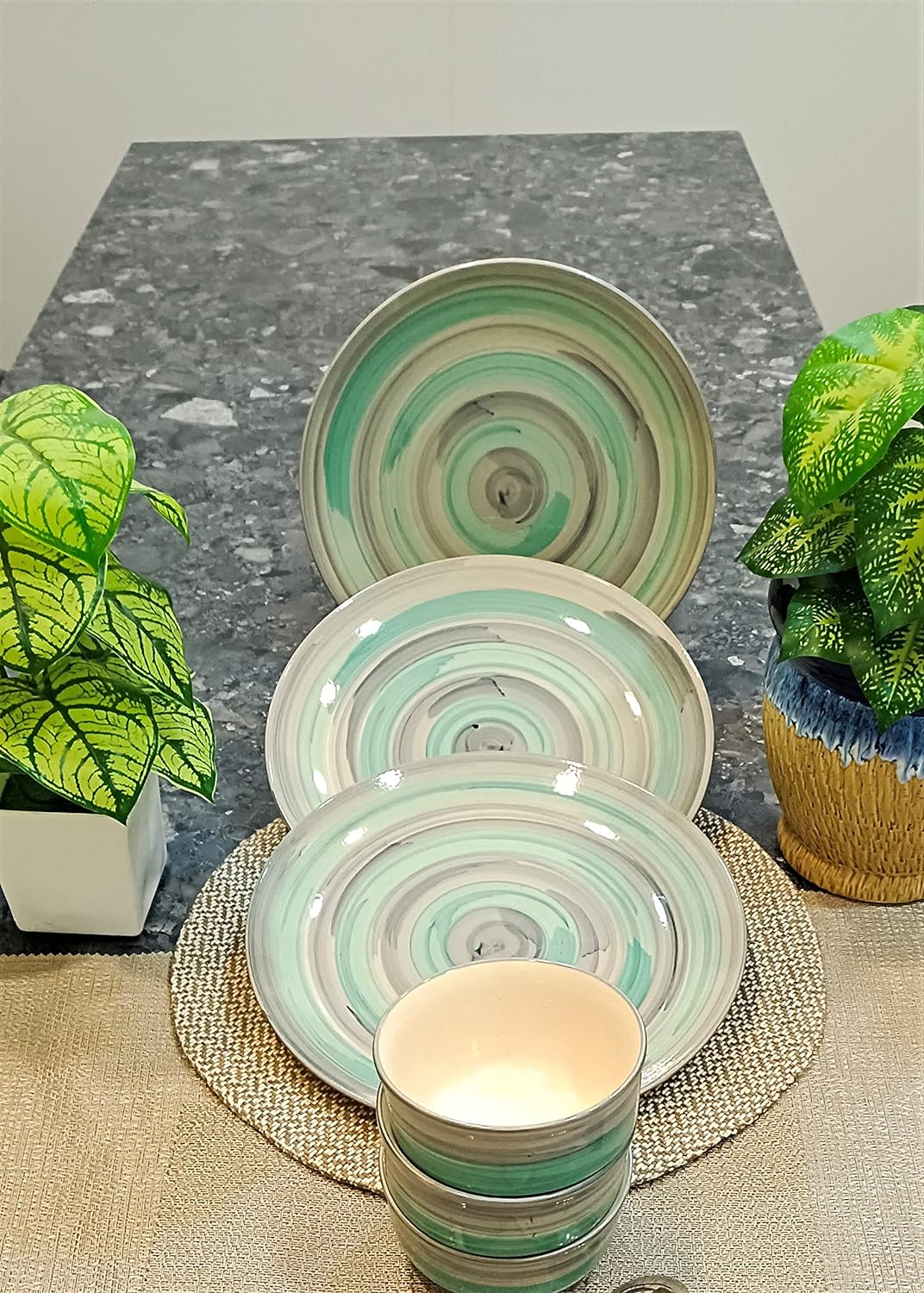 Caffeine Ceramic Handmade Sea Green & Grey Combo Dinner Set (Set of 8) - Caffeine Premium Stoneware