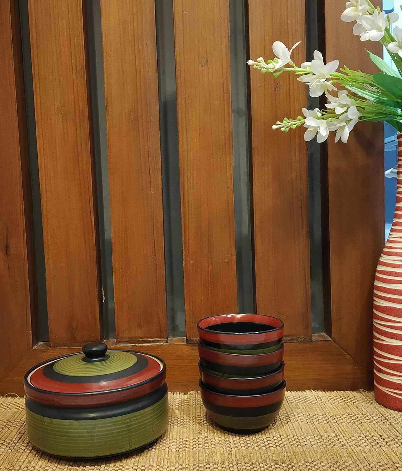 Caffeine Ceramic Handmade Green Chandrakari Combo Dinner Set (9 pcs.)