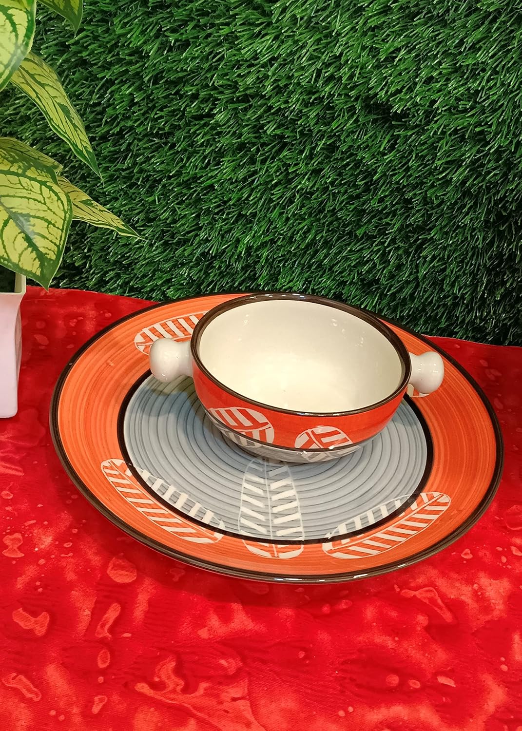 Caffeine Ceramic Handmade Orange & Grey leaf Combo Dinner Set (8 pcs.)