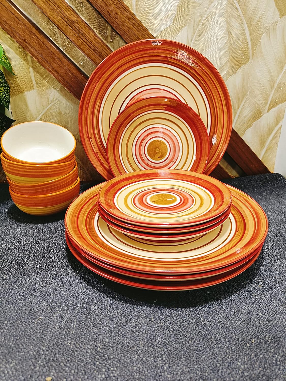 Caffeine Ceramic Handmade Orange Beige Combo Dinner Set (12 pcs.)