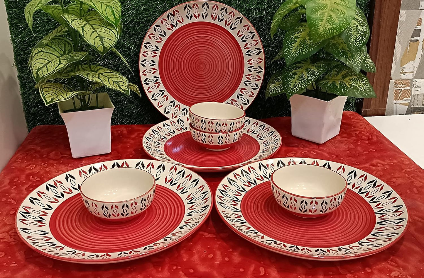 Caffeine Ceramic Stoneware Handmade Orange Arrow Pattern Combo Dinner Set of 8 - Caffeine Premium Stoneware