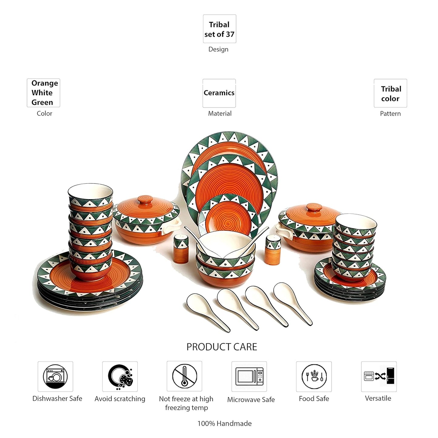 Caffeine Ceramic Handmade Green and Orange Dinner Set (37 pcs) - Caffeine Premium Stoneware