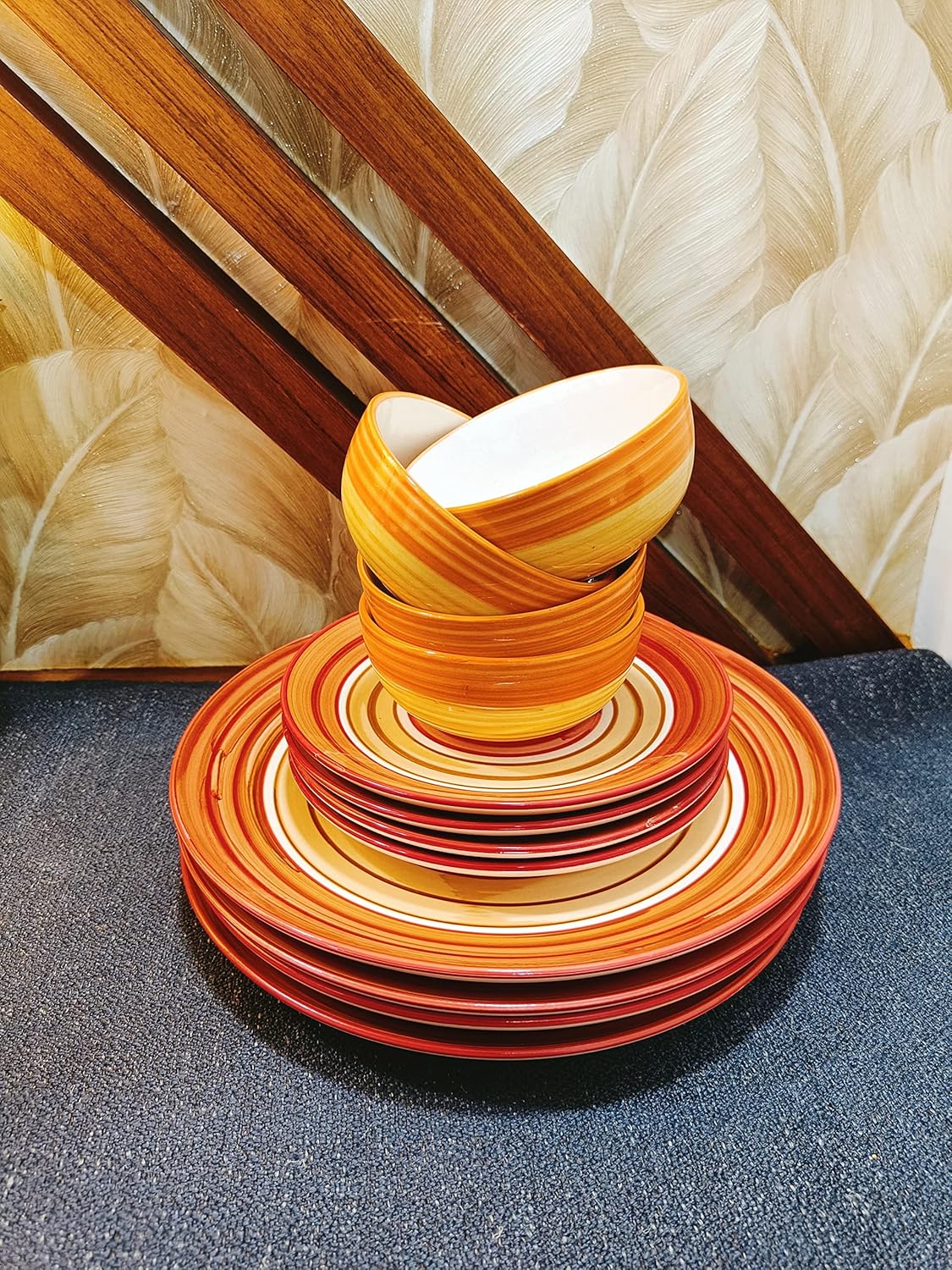 Caffeine Ceramic Handmade Orange Beige Combo Dinner Set (12 pcs.)