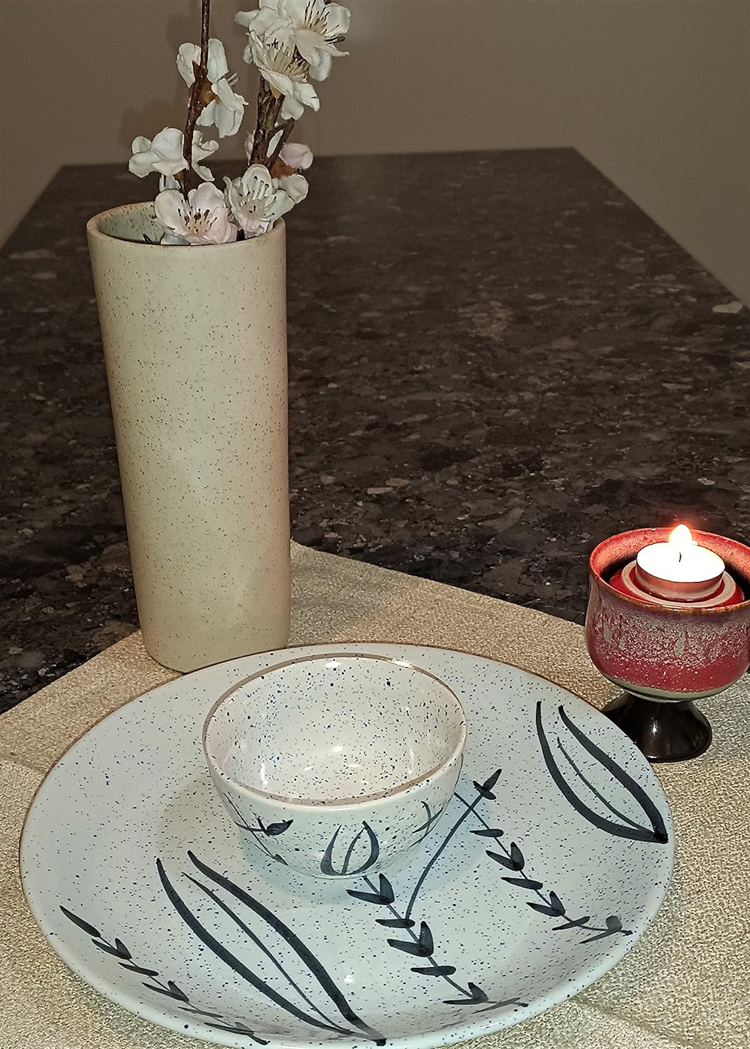 Caffeine Ceramic Stoneware Handmade White Bamboo Combo Dinner Set of 8 - Caffeine Premium Stoneware