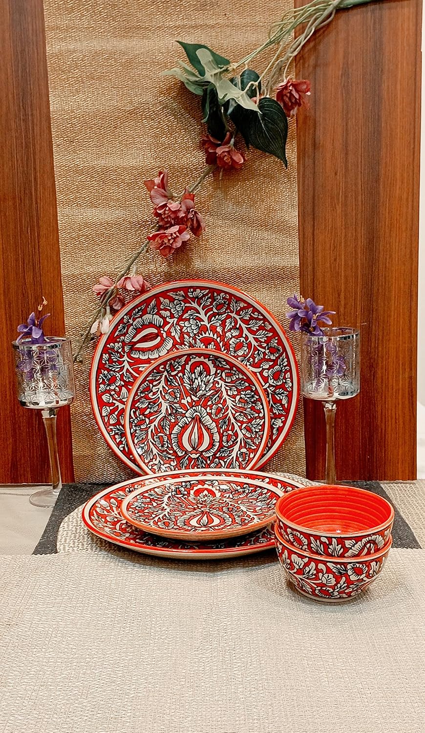 Caffeine Ceramic Handmade Red Mughal Dinner Set (Set of 6)