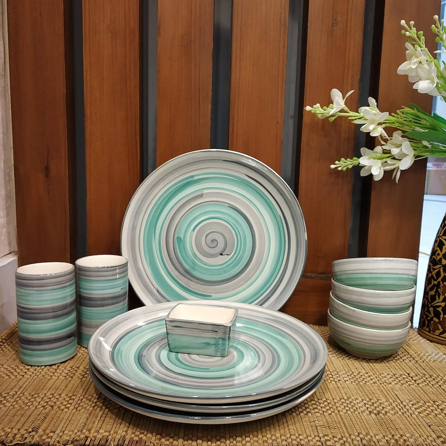 Caffeine Ceramic Handmade Stonware Sea Green set of 11 pcs