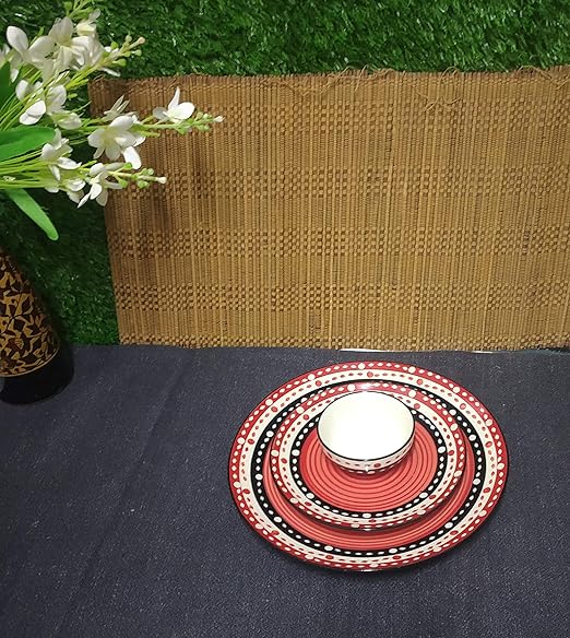 Caffeine Ceramic Handmade Red & Black Dotted Combo Dinner Set of 3 Pcs - Caffeine Premium Stoneware
