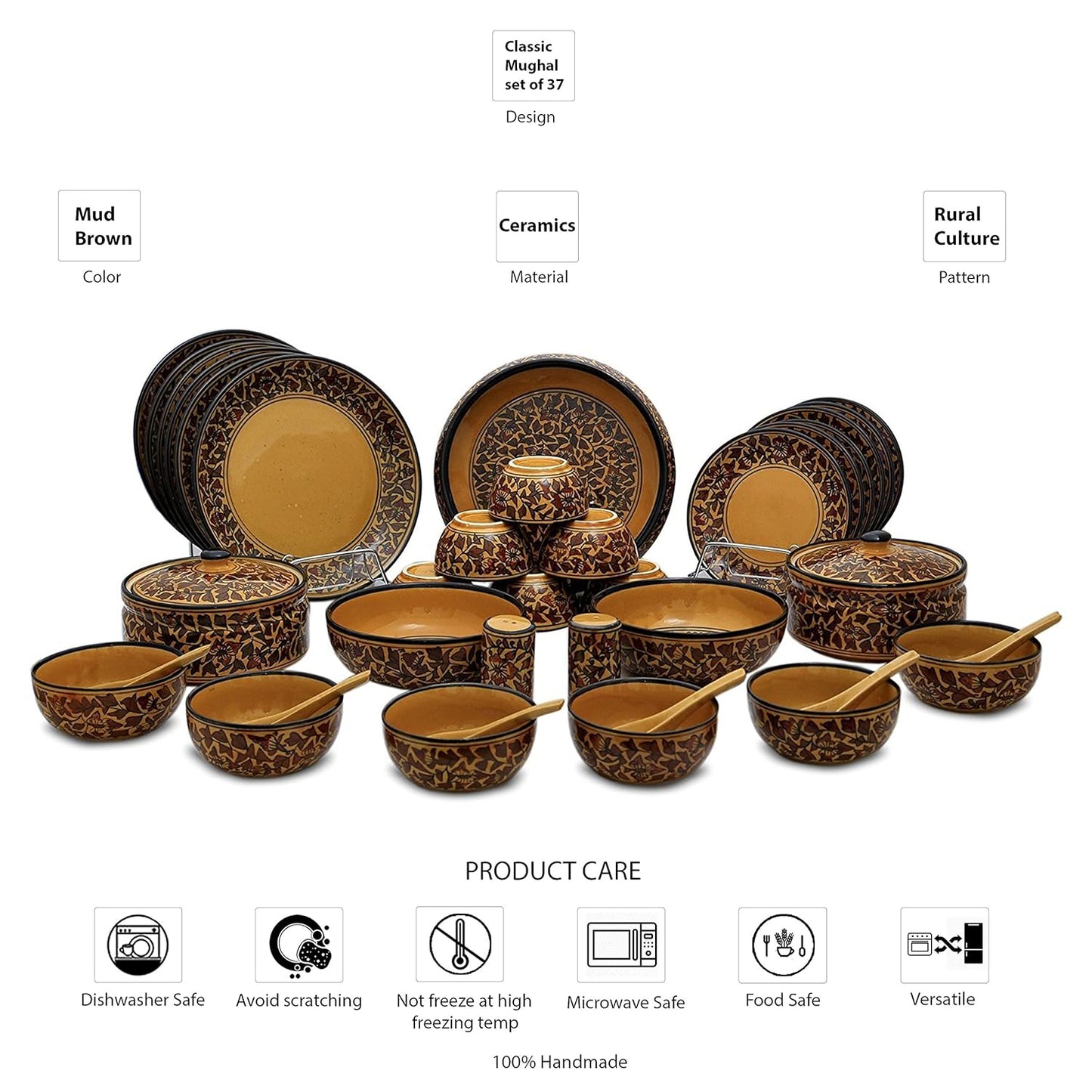 Caffeine Ceramic Handmade Brown Sehra Dinner Set (37 pcs.) - Caffeine Premium Stoneware