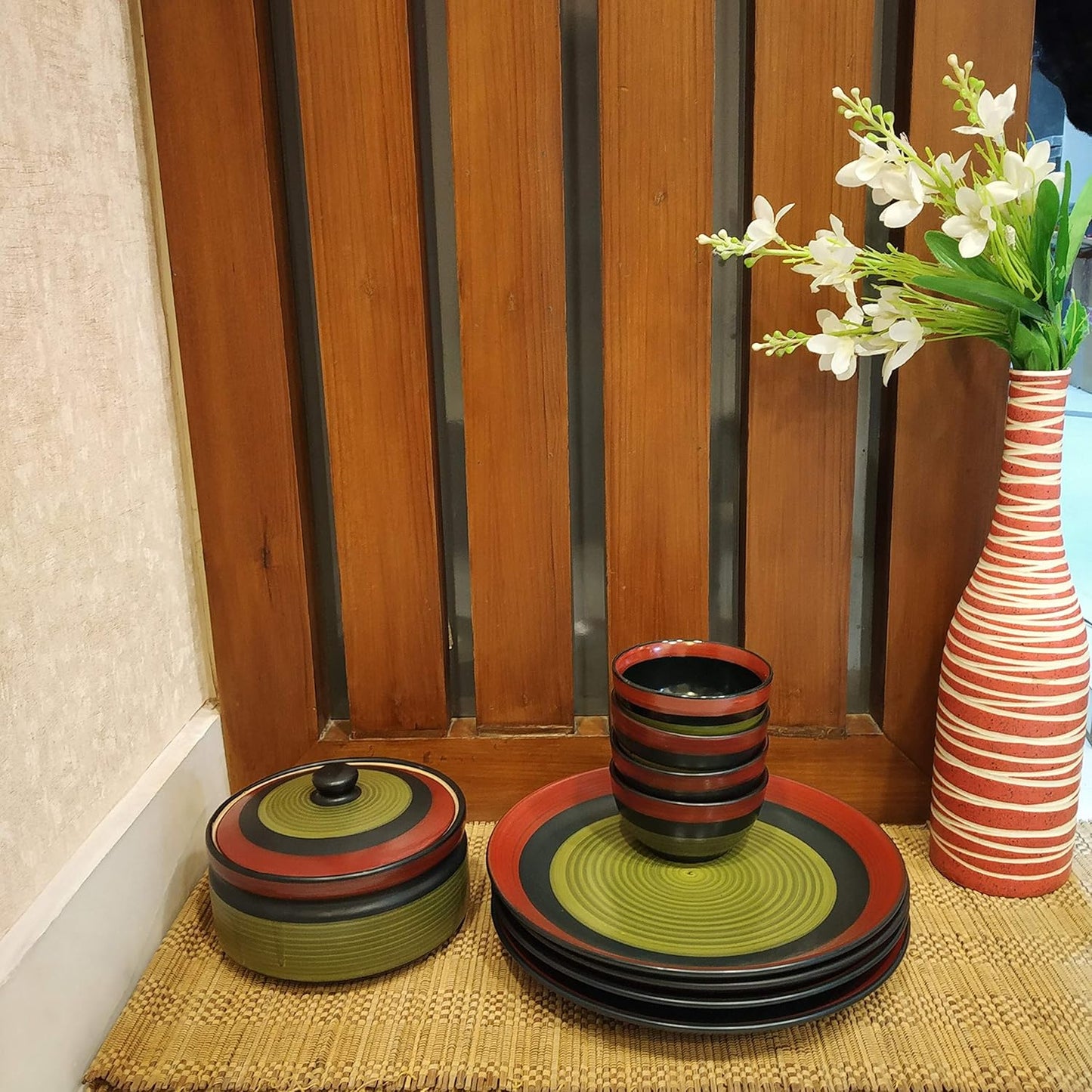 Caffeine Ceramic Handmade Green Chandrakari Combo Dinner Set (9 pcs.)