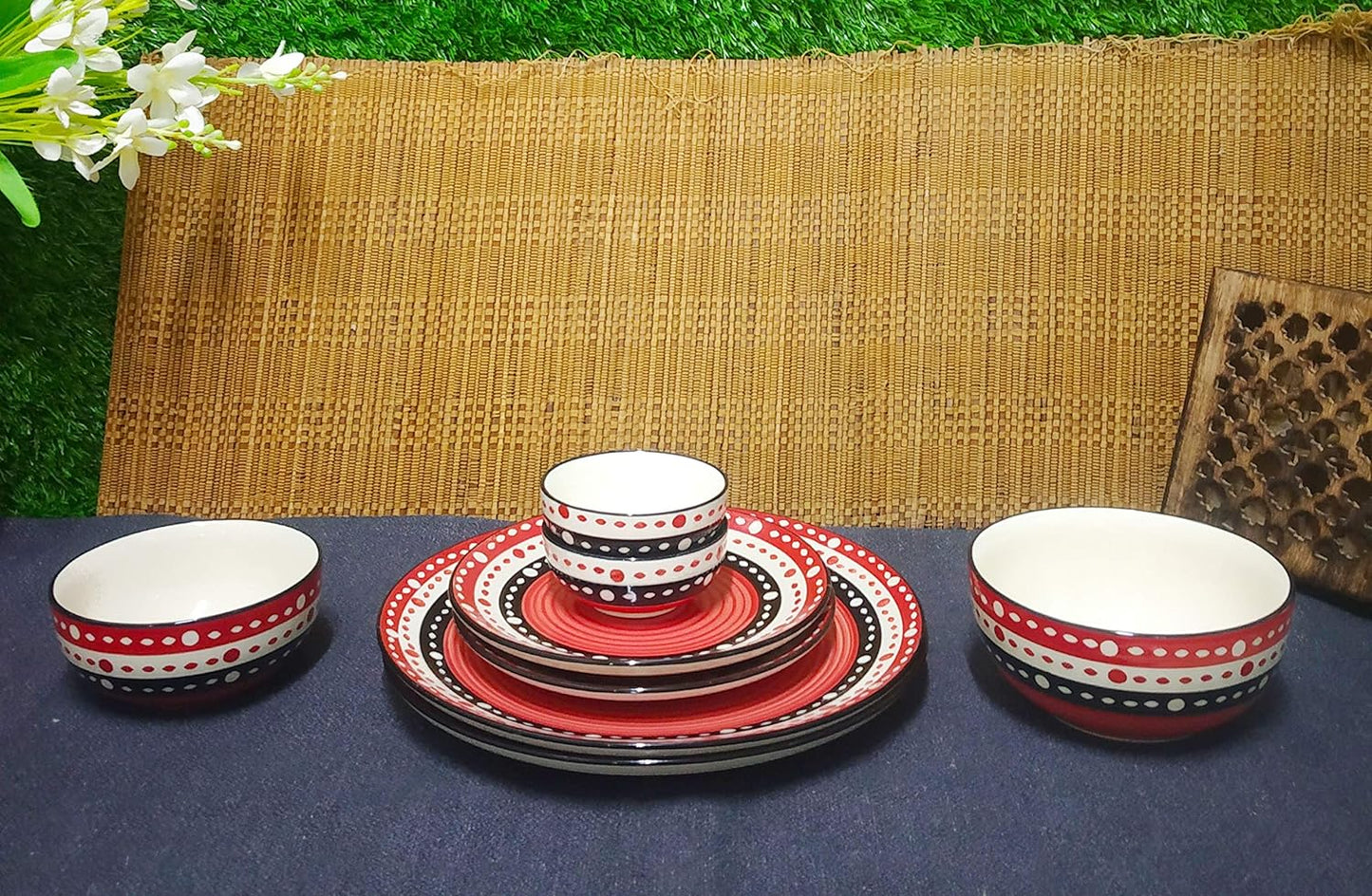 Caffeine Ceramic Handmade Red & Black Dotted Combo Dinner Set of 8 Pcs. - Caffeine Premium Stoneware