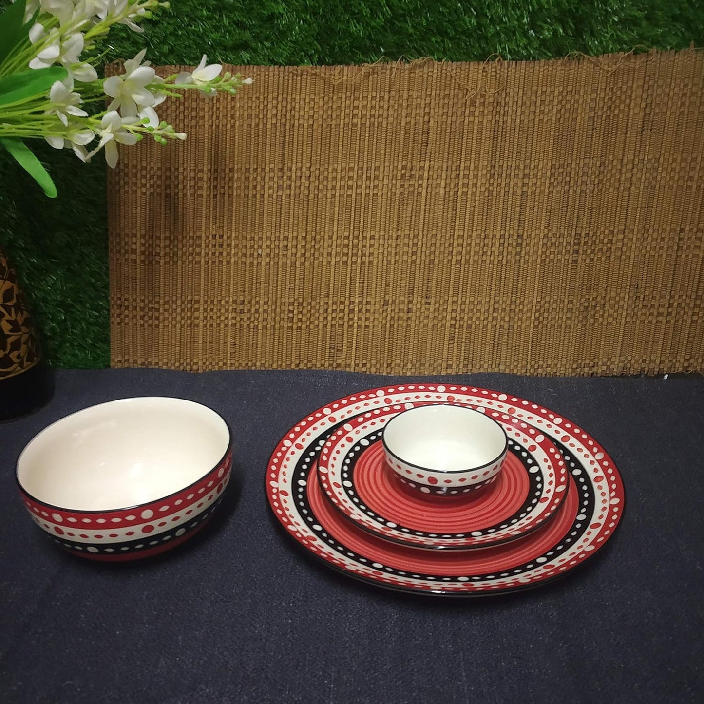 Caffeine Premium Ceramc Handmade Red & Black Dot Combo Dinner Set of 14 Pcs (4 Dinner Plate, 4 Quarter Plate, 4 Katori Bowl, 2 Serving Bowl)