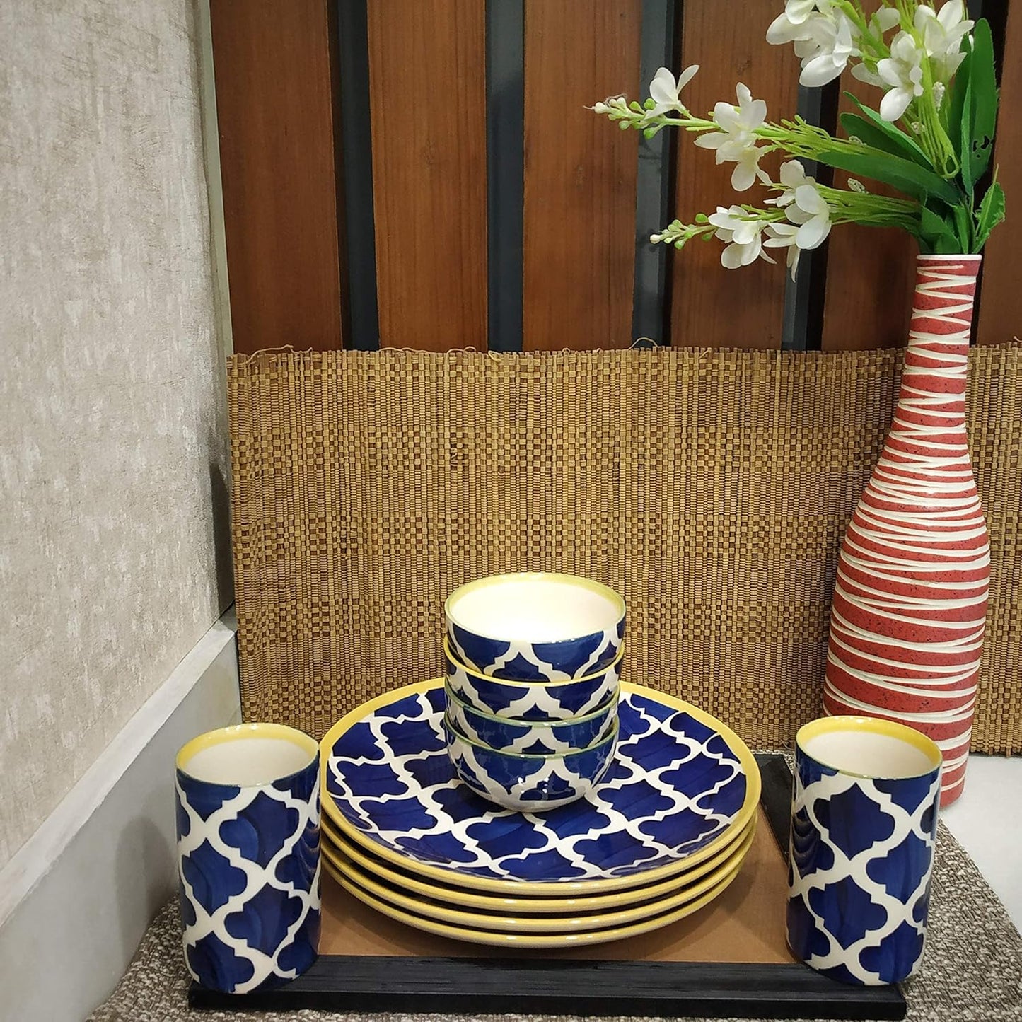 Caffeine Ceramic Handmade Blue Umrao Combo Dinner Set (10 pcs.)