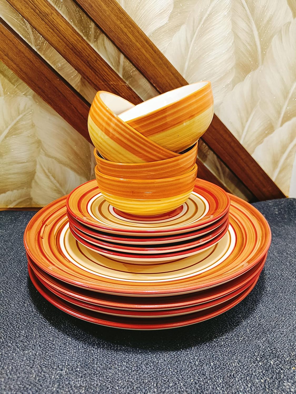 Caffeine Ceramic Handmade Orange Beige Combo Dinner Set (12 pcs.)