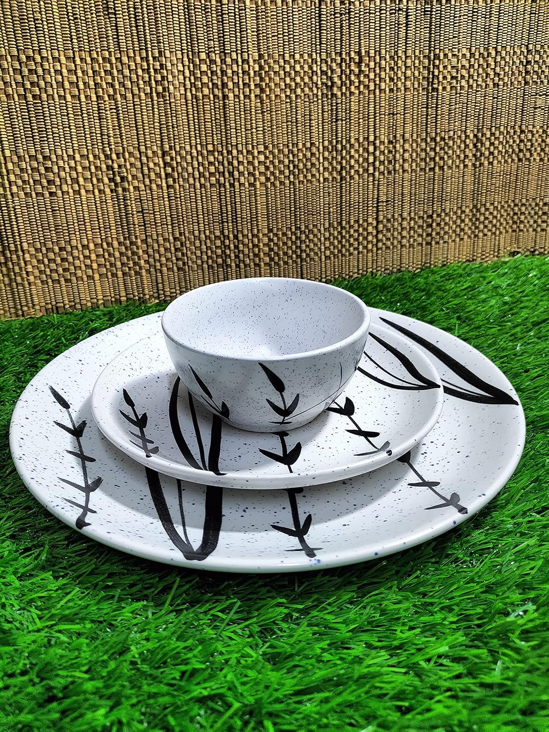 Caffeine Ceramic Handmade White Bamboo Combo Dinner Set (3 pcs.)