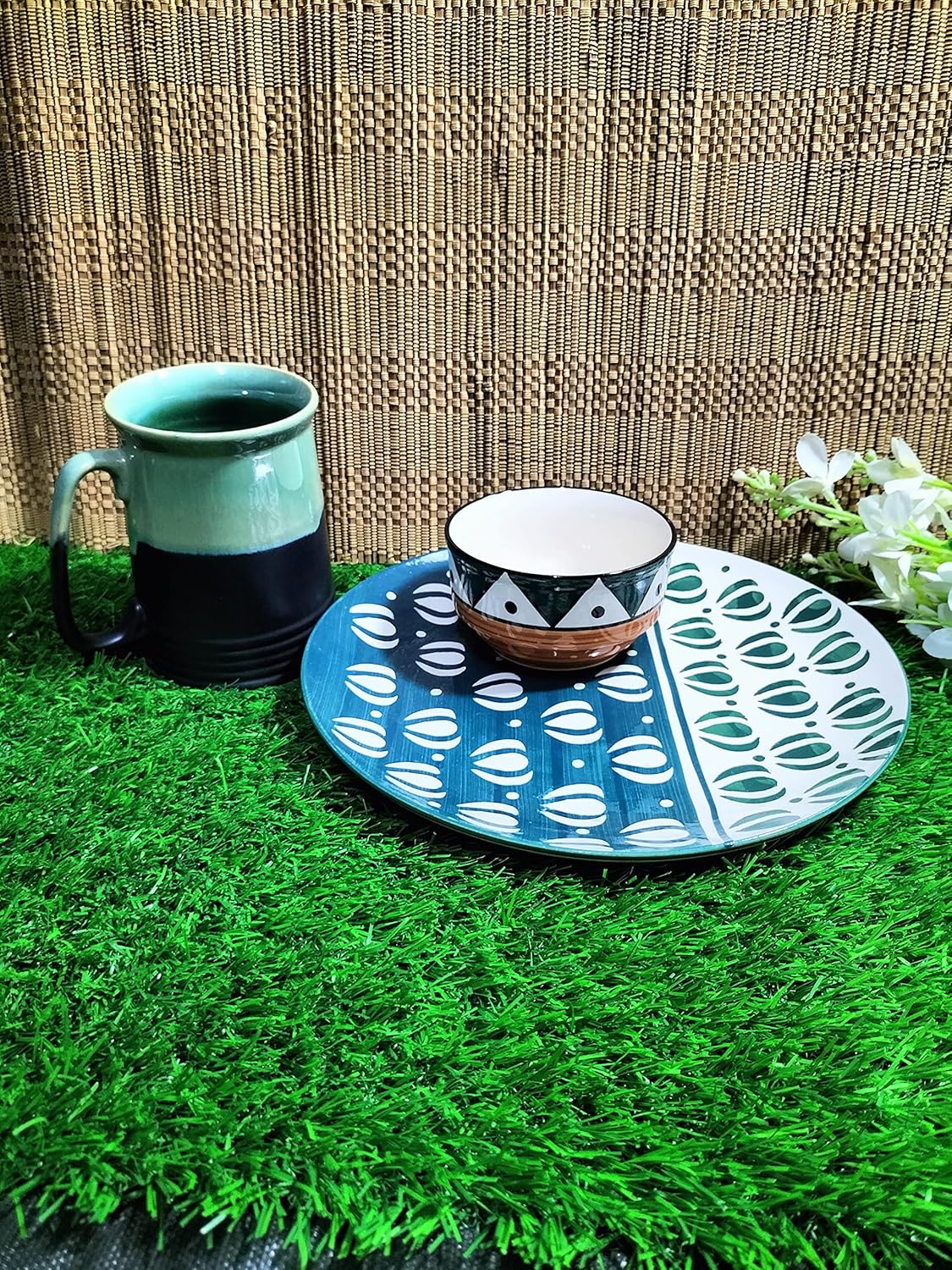 Caffeine Ceramic Handmade Green mughal Combo Dinner Set (3 pcs.)