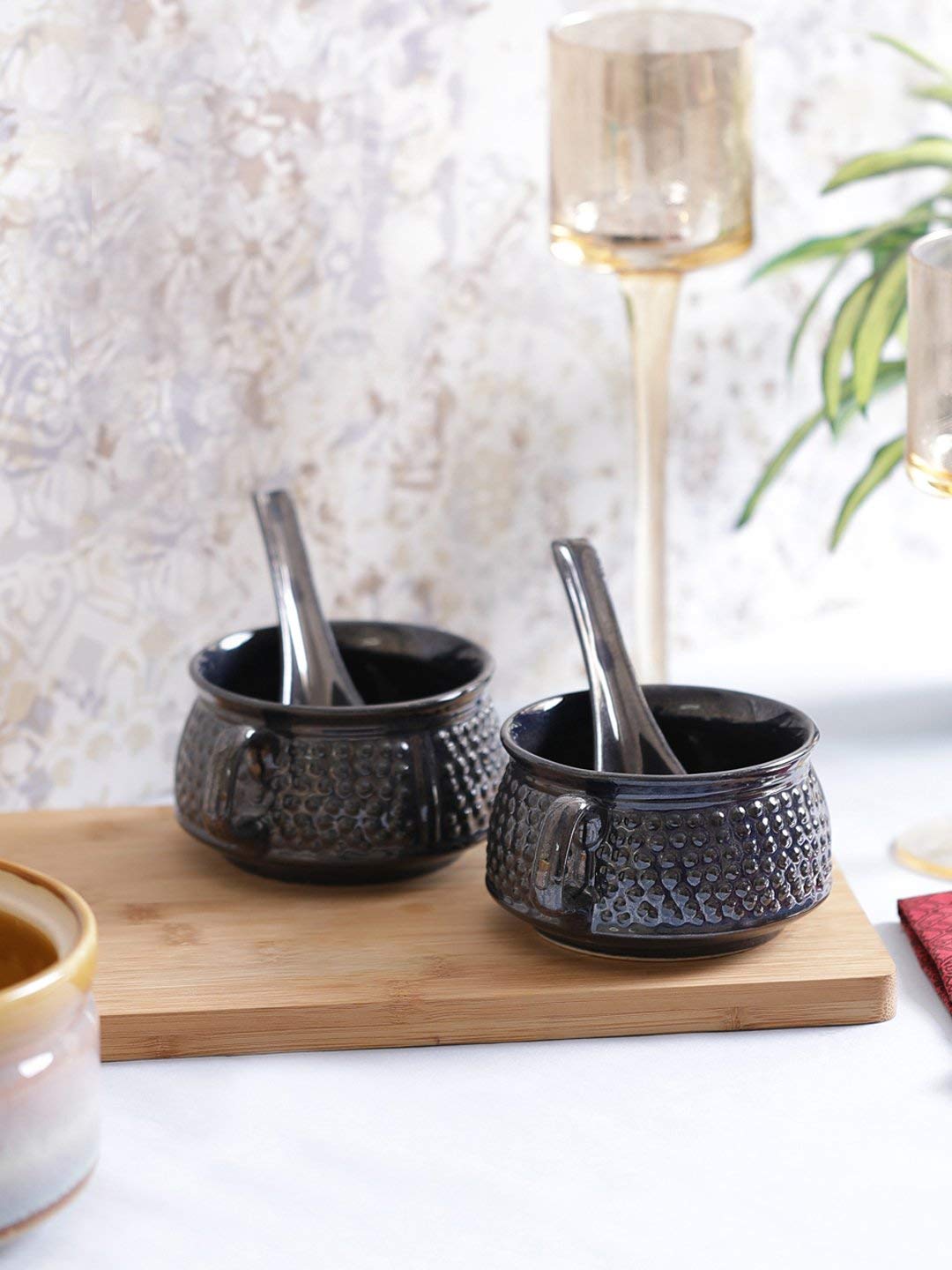 Caffeine Ceramic Handmade Black Bubble Double Handled Soup Bowl (Set of 2) - Caffeine Premium Ceramic