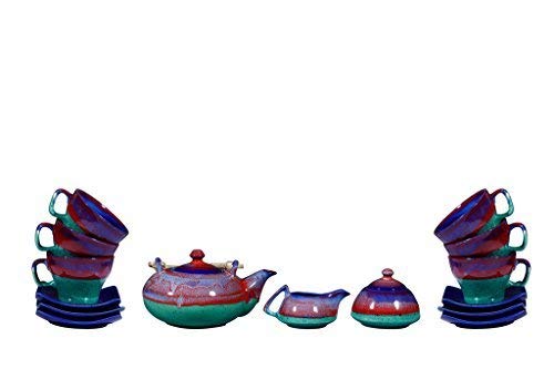 Caffeine Ceramic Handmade Blue & Green Studio Tea Set (Set of 15 pcs Microwave & Dishwasher Safe) - Caffeine Premium Stoneware