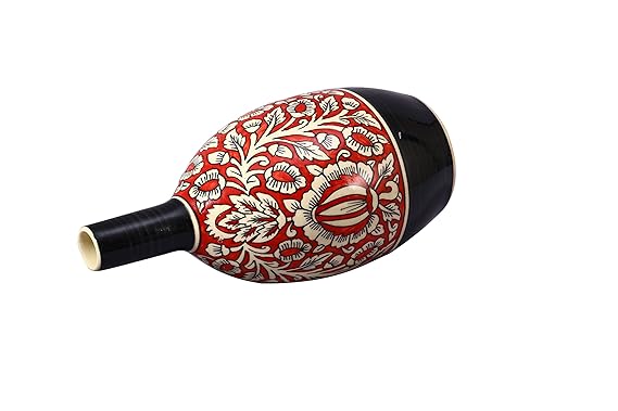 Caffeine Ceramic Handmade Black and Red Mughal Oval Shape Vase (1 Pc)