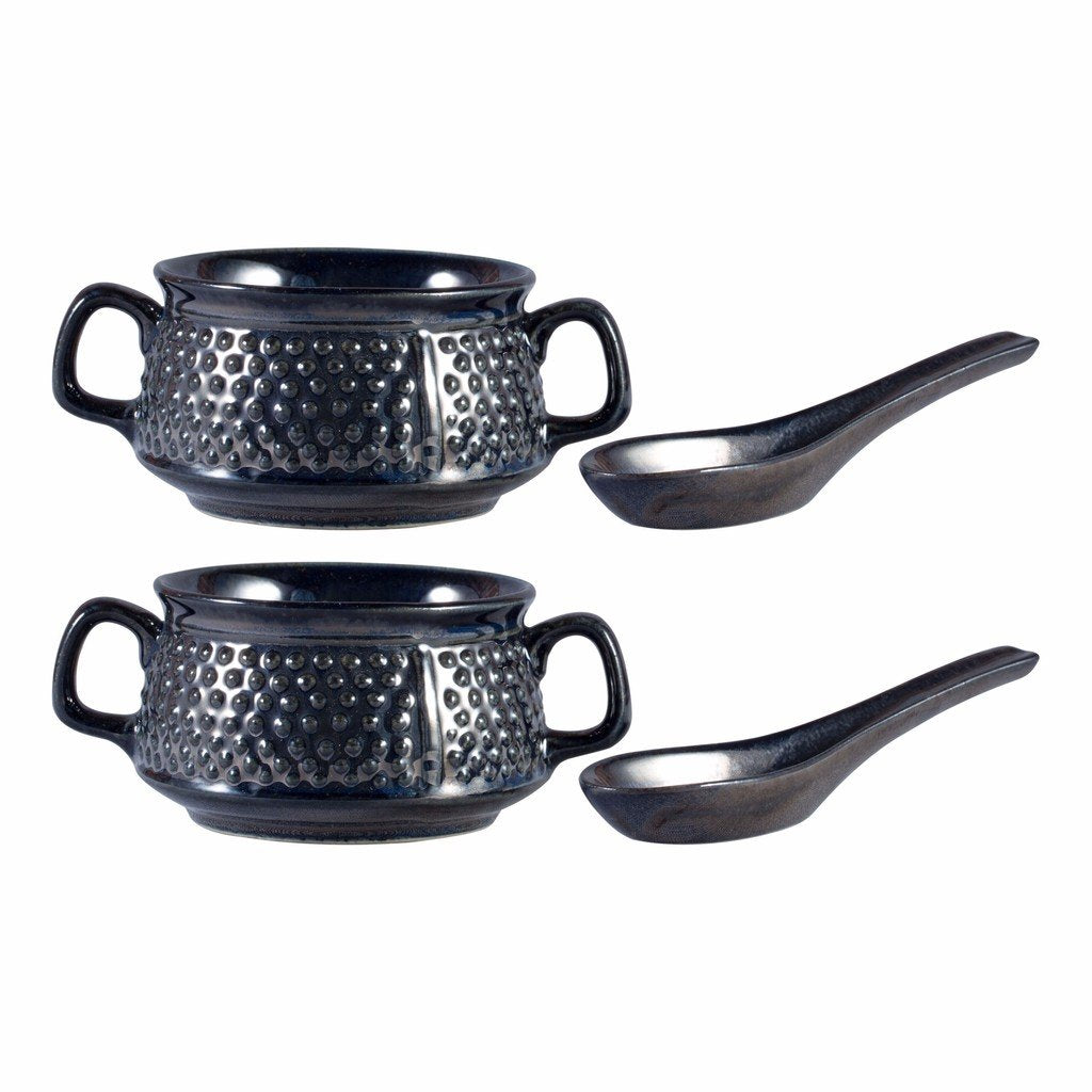 Caffeine Ceramic Handmade Black Bubble Double Handled Soup Bowl (Set of 2) - Caffeine Premium Stoneware