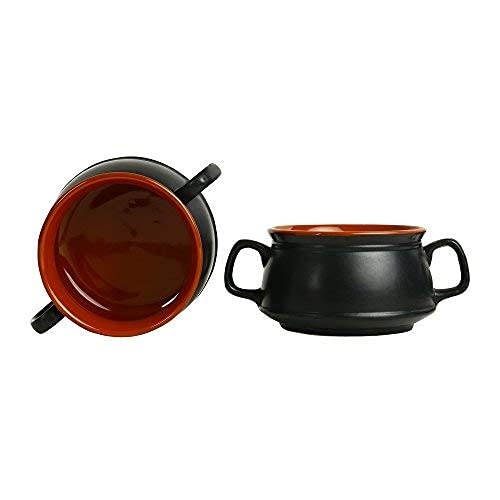 Caffeine Ceramic Handmade Black & Brown Double Handle Soup Bowl with Spoon Set of 2 - Caffeine Premium Stoneware