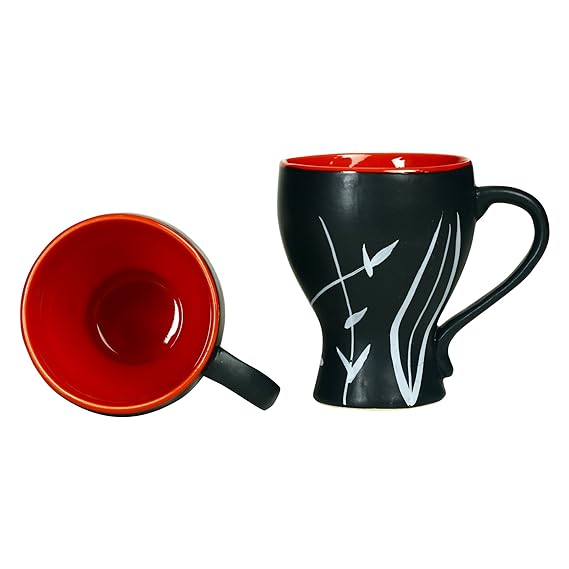 Caffeine Premium Ceramic Handmade Black & Red Leaf Coffee Mug (Set of 6) - Caffeine Premium Stoneware
