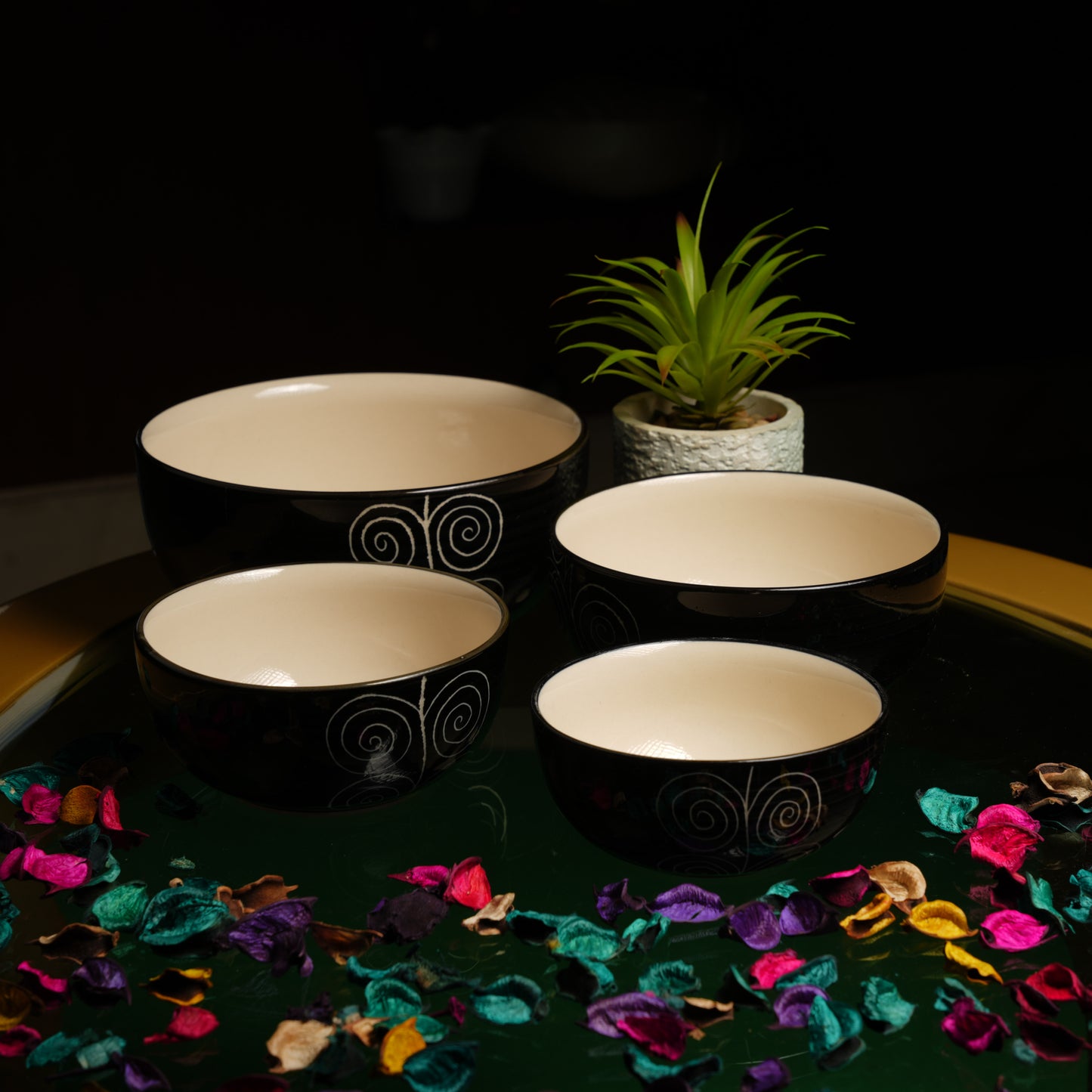 Caffeine Ceramic Handmade Black Doodle Serving Bowl (Set of 4) - Caffeine Premium Ceramic