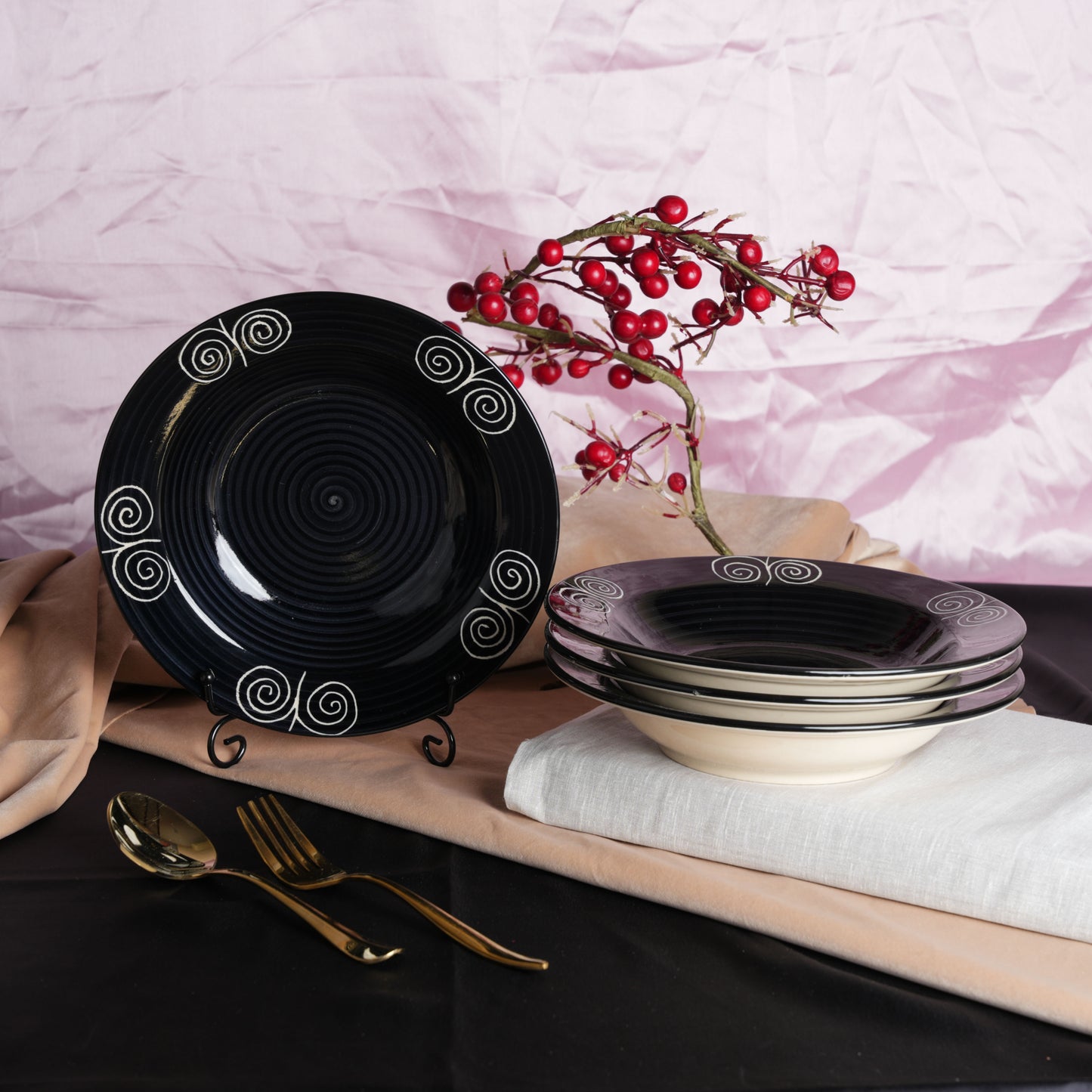 Caffeine Ceramic Handmade Stoneware Black Doodle 9" Soup Plate set of 6 - Caffeine Premium Stoneware