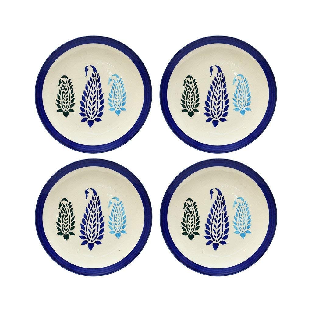 Blue Boota Ceramic Quarter Plates – 7-inch blue and white side plates with Mughal floral design, perfect for snacks or desserts