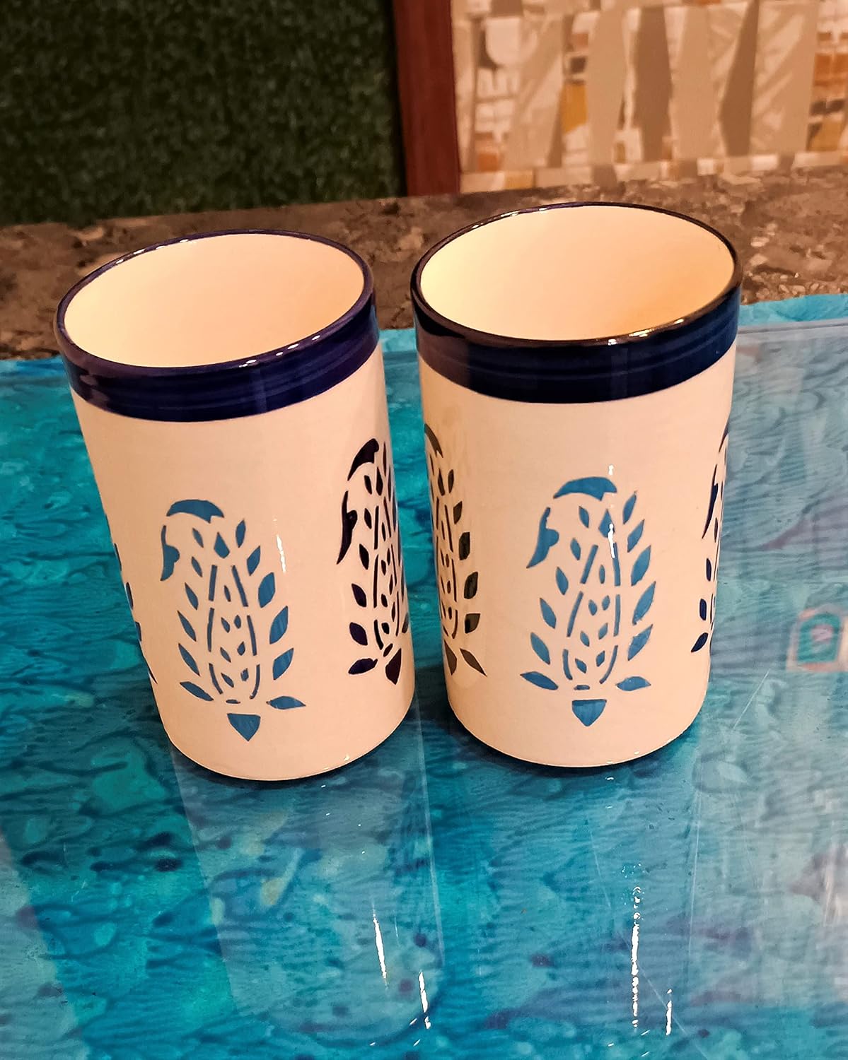 Set of 2 Blue Boota drinking glasses with blue and white Mughal floral design