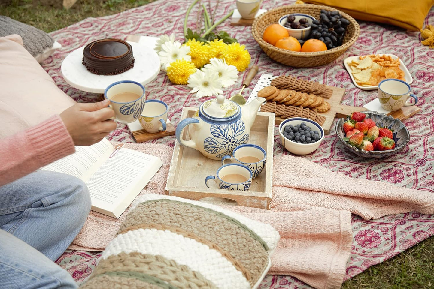 Caffeine Ceramic Handmade Stoneware Blue Flora Tea Set ( set of 15 pcs) - Caffeine Premium Stoneware