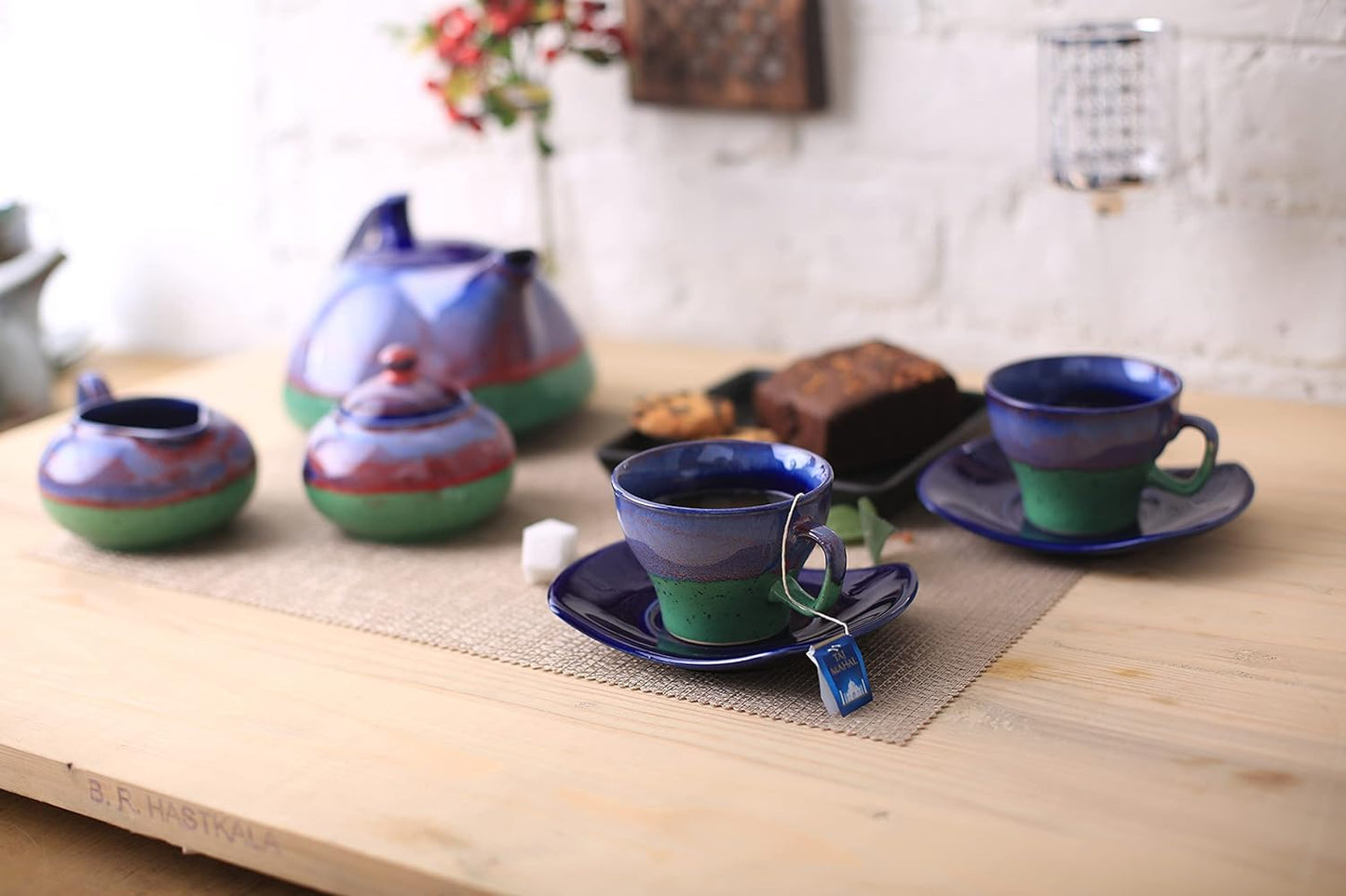 Caffeine Ceramic Handmade Tea Set Blue & Green Studio Printed Tea Sets (Set of 15 pcs) - Caffeine Premium Stoneware