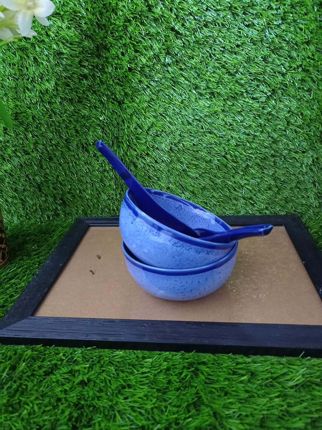 Caffeine Ceramic Handmade Blue Crackle Soup Bowl with Spoon (Set of 2) - Caffeine Premium Stoneware