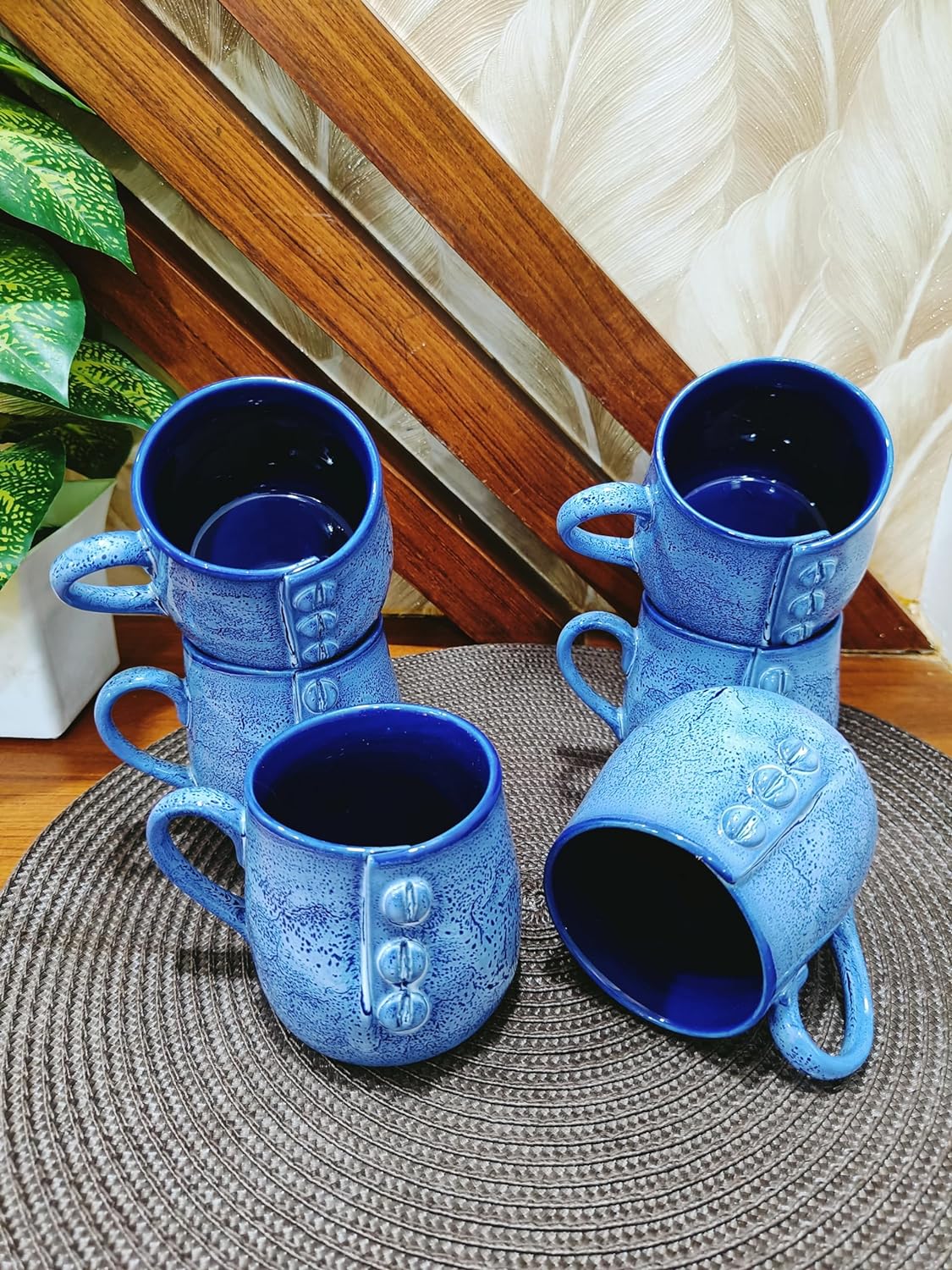 Caffeine Premium Ceramic Handmade Blue Crackle Buttoned Tea Cup set of 4 - Caffeine Premium Stoneware