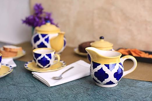 Caffeine Ceramic Handmade Blue umrao Printed Tea Sets (Set of 15 pcs) - Caffeine Premium Stoneware