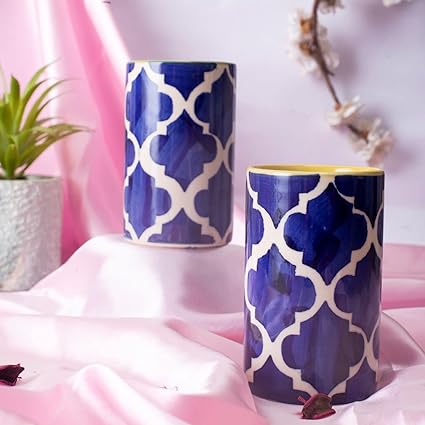 Caffeine Ceramic Stoneware Handmade Blue umrao Water Glass (300ml) Set of 4 - Caffeine Premium Stoneware