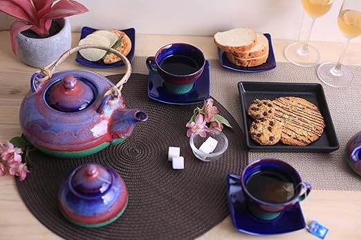 Caffeine Ceramic Handmade Blue & Green Studio Tea Set (Set of 15 pcs Microwave & Dishwasher Safe) - Caffeine Premium Stoneware
