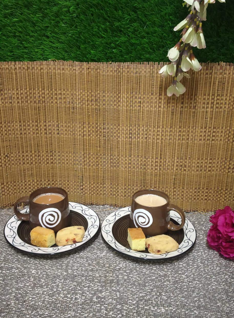 Caffeine Ceramic Handmade Brown Doodle Combo Set (4 pcs.)