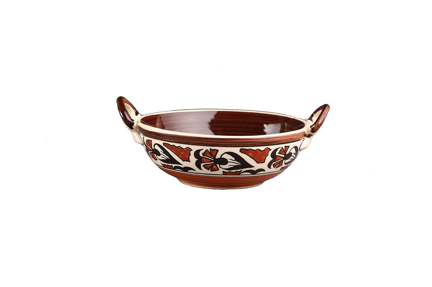 Caffeine Ceramic Handmade Stoneware Brown Flora Serving kadhai (Set of 3 Microwave & Dishwasher Safe) - Caffeine Premium Stoneware