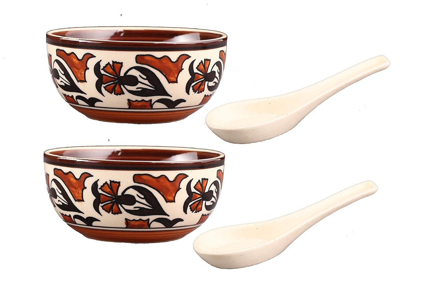 Caffeine Ceramic Handmade Flower Print Soup Bowl with Spoon (Set of 2) - Caffeine Premium Stoneware