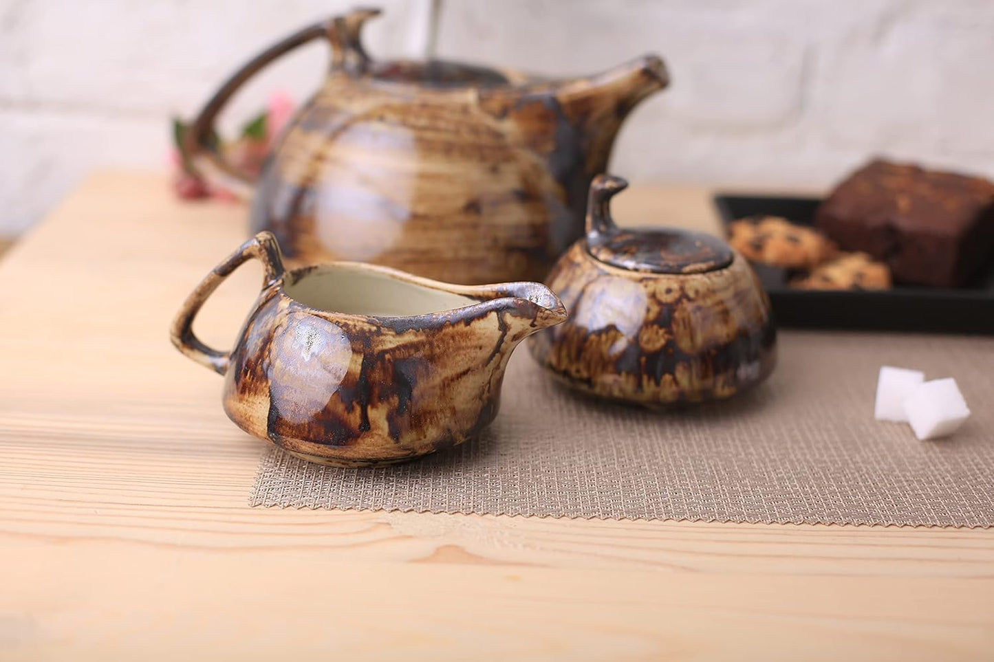 Caffeine Ceramic Handmade Stoneware Wood Brown Tea Set of 15 - Caffeine Premium Stoneware