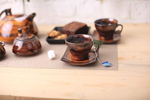 Caffeine Ceramic Handmade Brown Timberland Printed Tea Sets (Set of 15 pcs) - Caffeine Premium Stoneware