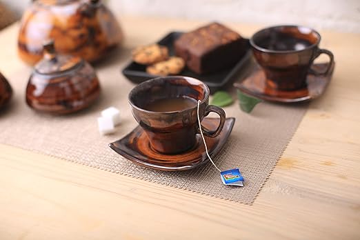 Caffeine Ceramic Handmade Brown Timberland Printed Tea Sets (Set of 15 pcs) - Caffeine Premium Stoneware